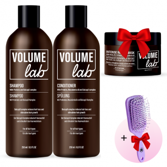 VOLUME LAB matu augšanu veicinošs komplekts: šampūns, kondicionieris, maska + dāvanā matu ķemme